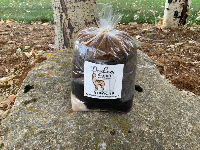 May include: A bag of brown, black, and white alpaca fiber from Dog Leg Ranch in Montana. The bag is tied with twine and has a label that says "Dog Leg Ranch Montana Alpaca's" and an email address.