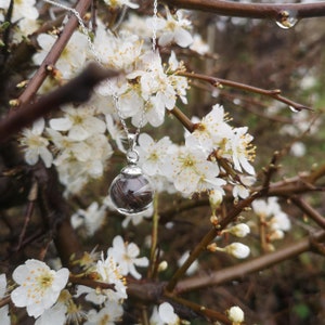 May include: A silver chain necklace with a clear glass orb pendant containing brown hair. The necklace is hanging from a branch of a tree with white blossoms.