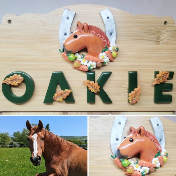 Equestrian Personalised Stable Plaque. Name Plate. Handcrafted Stable Name Plate with Polymer Clay Model of your Horse.