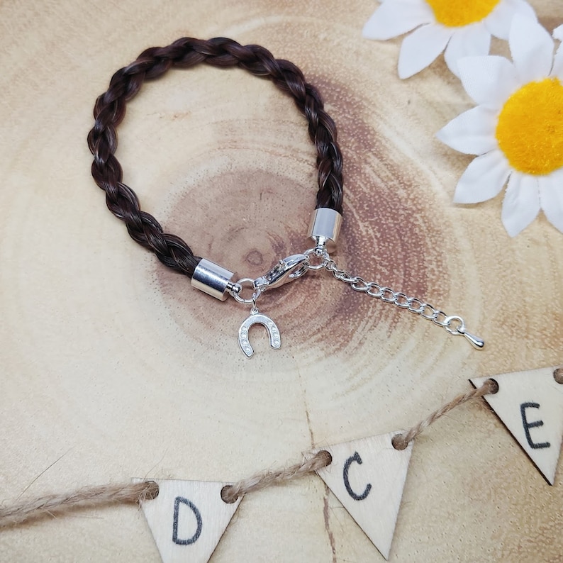 May include: A dark brown braided bracelet featuring silver-toned metal end caps, a lobster claw clasp, an adjustable chain, and a small silver-toned horseshoe charm. The bracelet is constructed from a braided material with a smooth, dark finish.