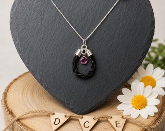 Custom Horsehair Necklace with Birthstone, Sterling Silver Horse Memorial Keepsake
