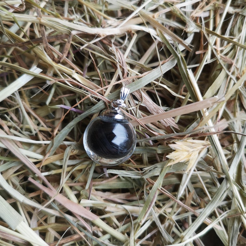 May include: A silver pendant with a clear glass orb containing a lock of black hair.