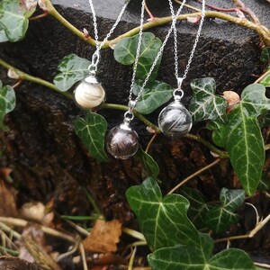 May include: Three silver necklaces with glass orbs containing strands of hair. The orbs are clear and the hair is visible inside. The necklaces are hanging from a tree branch.