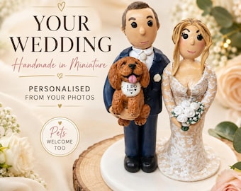 Personalised Wedding Cake Topper, Handmade Couple & Pet Figurines, Custom Wedding Keepsake