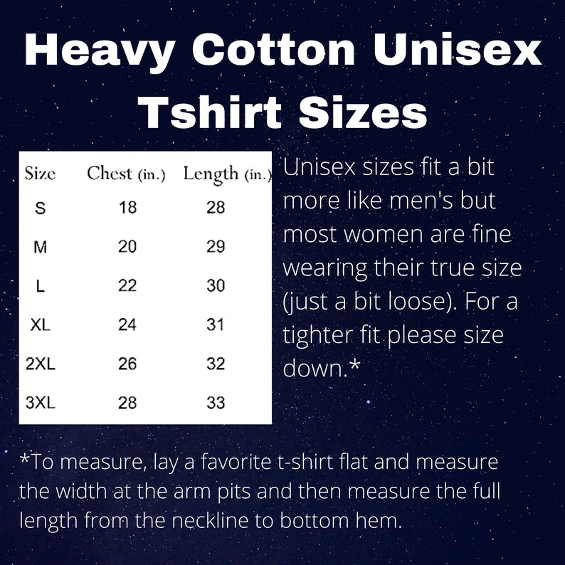 May include: Image of a size chart for Heavy Cotton Unisex T-shirts. The chart lists sizes S to 3XL, with chest and length measurements in inches. Text explains unisex sizing and how to measure a t-shirt for accurate sizing.