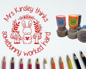 Customised self-inking teacher merit stamp. "somebunny worked hard". Bunny rabbit and mushrooms.  Custom made.
