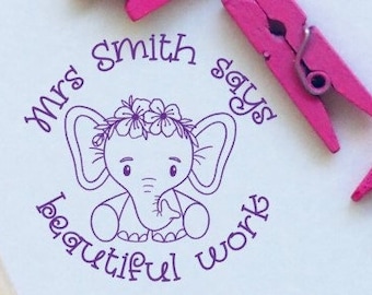 Customised self-inking teacher feedback given stamp. "beautiful work". Baby Elephant. Custom made.