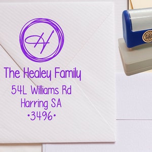 Customised self-inking return address stamp. Extra Large. Simple monogram wreath design. Custom made.