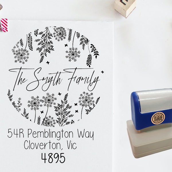 Customised self-inking return address stamp. Extra Large. Fern and floral circle. Custom made.