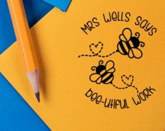 Customised self-inking teacher merit stamp. "bee-utiful work". Buzzing bees. Custom made.