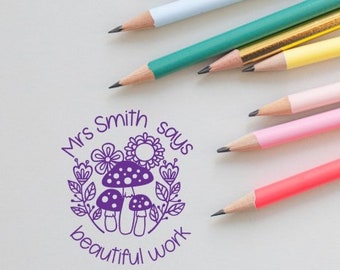 Customised self-inking teacher merit flower mushroom stamp. "beautiful work". Custom made.