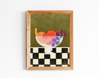 Fruit Bowl Digital Art Print Instant Download 8x10 and 11x14 Aesthetic Fruit Checkered Retro Kitchen Illustration