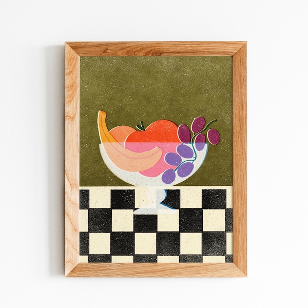 Fruit Bowl Digital Art Print Instant Download 8x10 and 11x14 Aesthetic Fruit Checkered Retro Kitchen Illustration