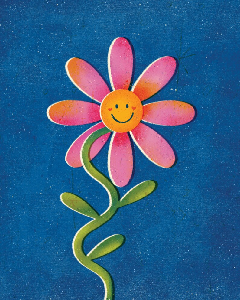 Happy Day-sy Smiley Face Flower Digital Art Print 8x10 and 11x14 Pink Gradient 60s Blue Neon Colorful Cute Spring Plant image 2