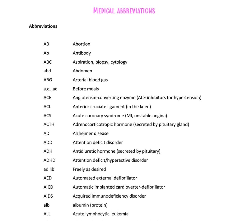 Physical Therapy Abbreviation List