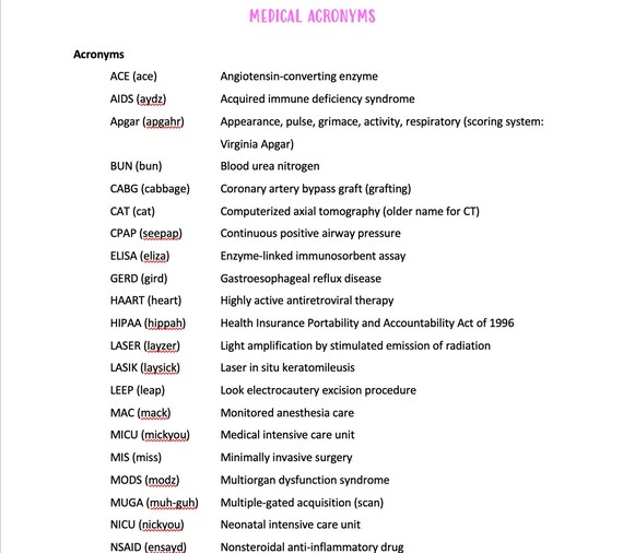 Medical Acronyms // Nursing School Medical Acronyms // Etsy