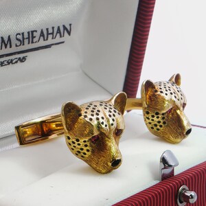 Estate Pre-Owned Deakin & Francis 18K Yellow Gold Enamel Ruby Leopard Cuff Links