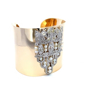 Art Deco Estate Yellow Gold Cuff Bracelet with Removable Cartier-Style Platinum Diamond & Pearl Clip Brooch