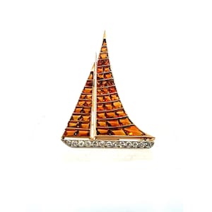 Art Deco Designer Henri Picq 18K Solid Yellow Gold Citrine and Diamond Sailboat Pin