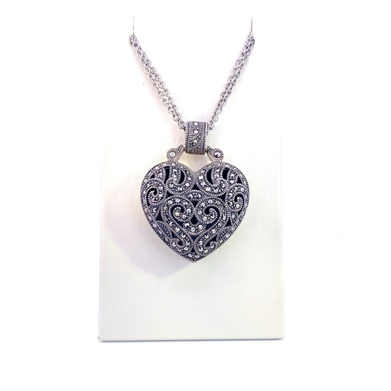 Sterling Silver Marcasite Heart Pendant - image 4