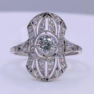 Art Deco Platinum Diamond Engagement Ring with European Cut Diamond