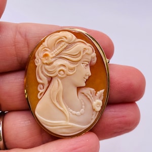 Carved Shell Cameo with 14K Gold Bezel Pin Pendant