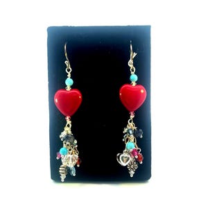 Handcrafted Sterling Silver Red Czech Glass Heart with Gems Dangle Earrings