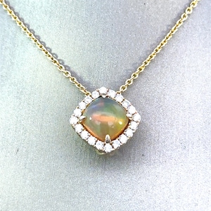 Vintage 14K Yellow Gold Ethiopian Opal and Diamond Halo Pendant