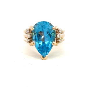 Vintage 14K Solid Yellow Gold Swiss Blue Topaz and Diamond Ring