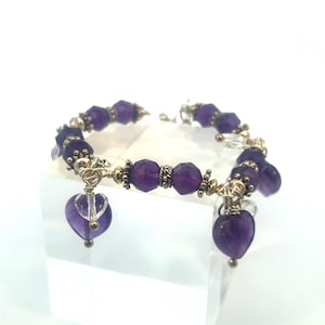Hand Crafted Sterling Silver Faceted Amethyst Beads with Swarovski Hearts Dangle Bracelet