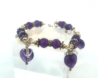 Hand Crafted Sterling Silver Faceted Amethyst Beads with Swarovski Hearts Dangle Bracelet