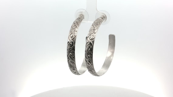 Sterling Silver Scroll Pattern Wire Hoop Earrings - image 5
