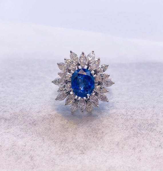 Blue Sapphire and Marquise Diamond Ring
