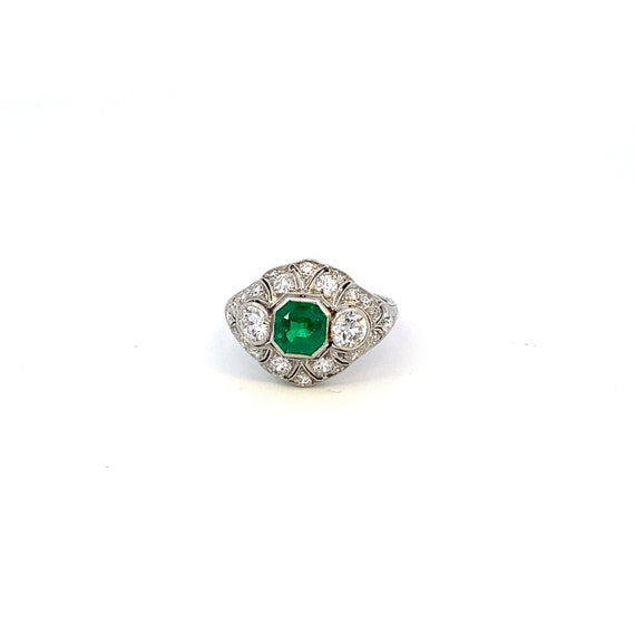 Platinum Art Deco Emerald and Diamond Ring - image 3