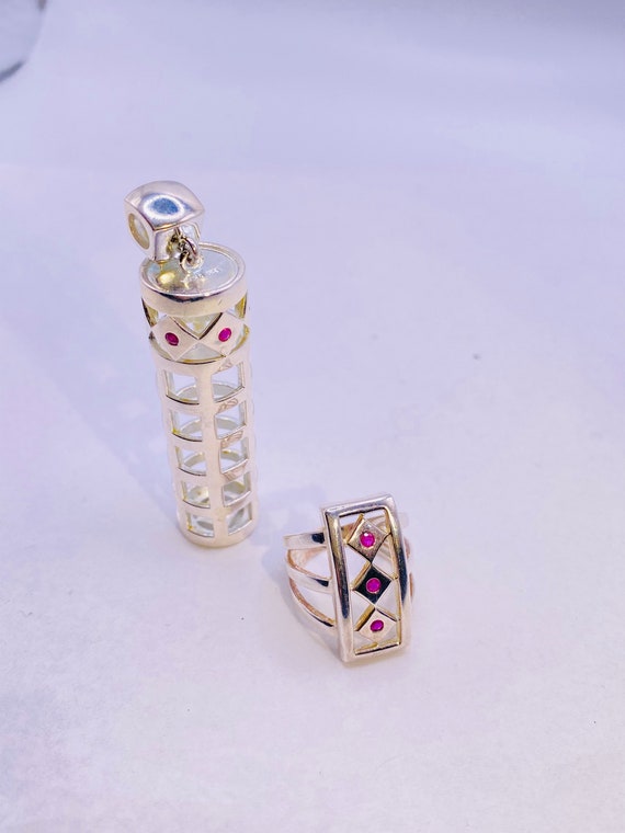 Vintage Silver and Ruby Pendant and Ring Set - image 3