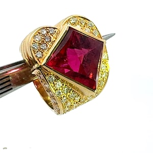 Vintage Rubellite Pink Tourmaline and Diamond Statement Ring in 18K Solid Yellow Gold