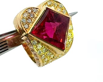 Vintage Rubellite Pink Tourmaline and Diamond Statement Ring in 18K Solid Yellow Gold