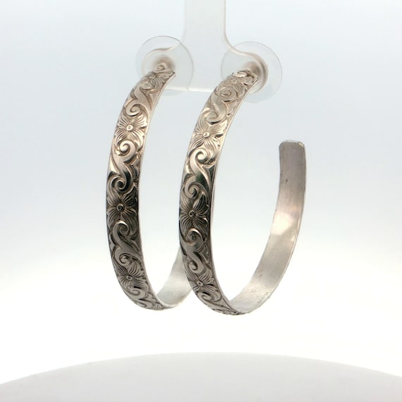 Sterling Silver Scroll Pattern Wire Hoop Earrings - image 1