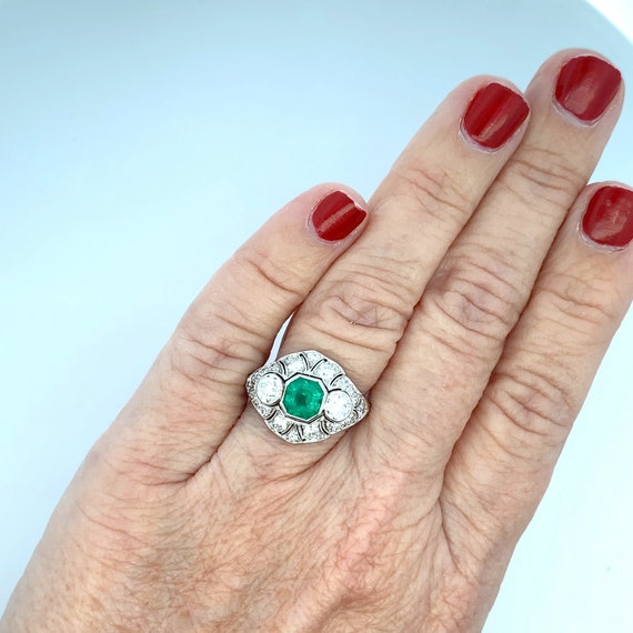 Platinum Art Deco Emerald and Diamond Ring - image 4