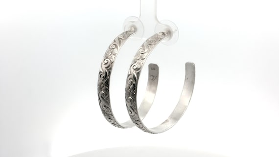 Sterling Silver Scroll Pattern Wire Hoop Earrings - image 6