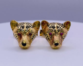 Deakin & Francis Yellow Gold Enamel Ruby Leopard Cuff Links