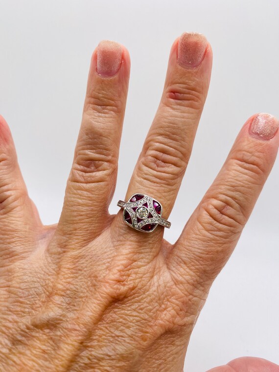 Art Deco Inspired Ruby and Diamond White Gold Fas… - image 8