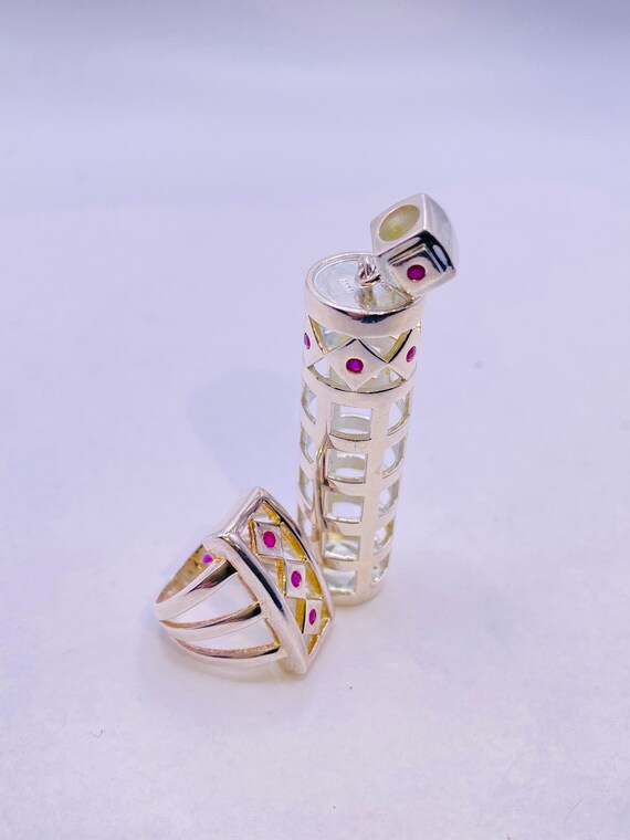 Vintage Silver and Ruby Pendant and Ring Set - image 2