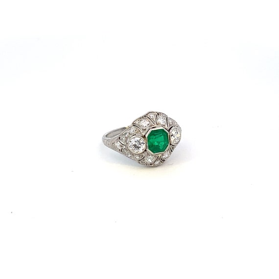 Platinum Art Deco Emerald and Diamond Ring - image 1