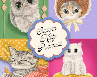 Custom Cat Portrait. Hand Drawn Digital Oil Painting. Retro Colorful Whimsical Stylized Kitty Illustration.