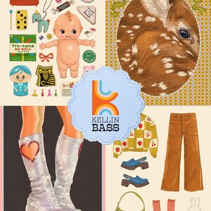 Op de afbeelding: Een collage-illustratie met een babypop, vintage speelgoed, een portret van een reekalf, zilveren glitterplateaulaarzen met hartpatches, een vest met kersenpatroon, een bruine broek, blauwe klompen, een groene tas en het logo KELLIN BASS.