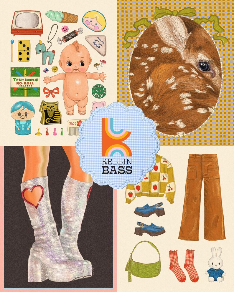 Op de afbeelding: Een collage-illustratie met een babypop, vintage speelgoed, een portret van een reekalf, zilveren glitterplateaulaarzen met hartpatches, een vest met kersenpatroon, een bruine broek, blauwe klompen, een groene tas en het logo KELLIN BASS.