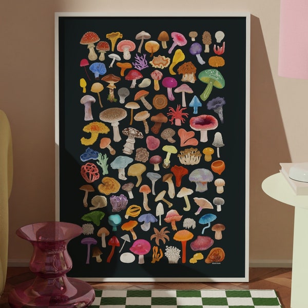 100 Mushrooms Giclée Art Print. 24” x 36” or 16” x 24”. Colorful Fungi. Digital Painting. Psychedelic. 70s. Retro Artwork. Home Decor. Boho.
