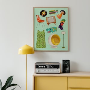May include: A framed print featuring illustrations of retro items like a vinyl record, a red chair, a television, a dress, and a hippo. The print is displayed above a yellow cabinet with a stereo and a speaker.