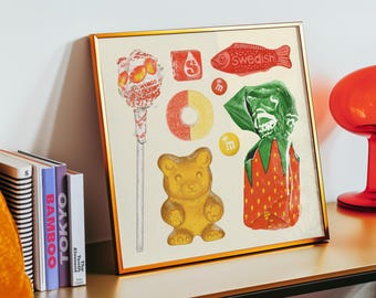 Candy Giclée Art Print. Retro Illustration. 8 x 8 Inches. Gummy Bear. Red and Yellow Classic Sweets. Food Drawing. Vintage Home Decor.